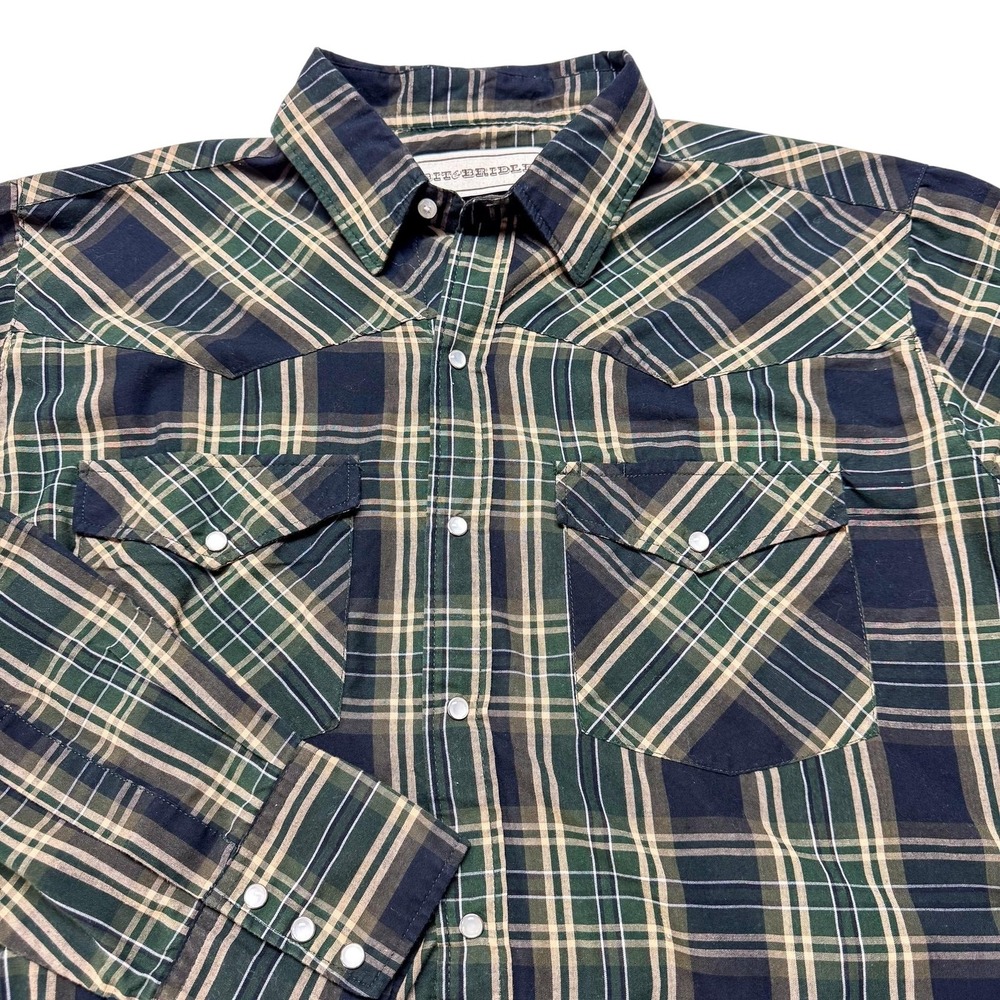 Bit & Bridle Shirt Mens XL Green Plaid‎ Western Pearl Snap Long Sleeve Cowboy